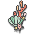 Cartoon of green clamshell and pink starfish with sea fan