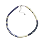 Purple, yellow, & black Bermuda Triangle heishi necklace on white background.