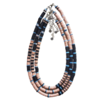 3 Bluefin Necklace of beige, sky blue, & black heishi beads nestled together in teardrop shape