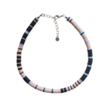 Bluefin Necklace of beige, sky blue, & black heishi beads on white background