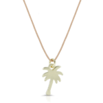 Lucky Feather Palm Tree Necklace detailed view. Gold palm tree charm on nylon cord.