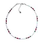 Siren single strand necklace made of white, red, & black glass seed beads on a white background