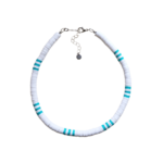 Surf's Up necklace designed with white & turquoise heishi beads in traditional surfer pattern on white background.