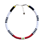 Volcanic Necklace of white, black, red, yellow, & turquoise heishi beads on white background.