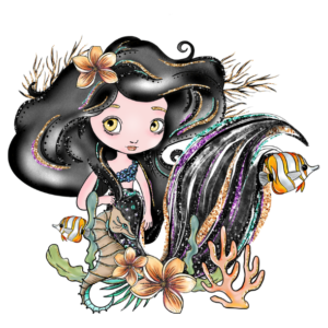 Cookie Policy cartoon mermaid with black hair and tail and gold eyes. Surrounded by fish, coral, and sea flowers