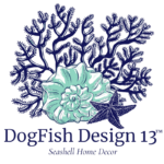 DogFish Design 13 logo consisting of navy coral, sea green conch shell, & navy star fish with company name & seashell home decor in navy blue block lettering beneath