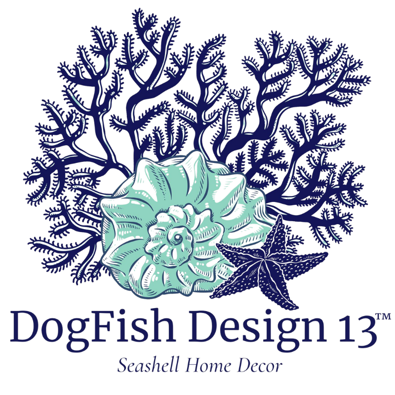 DogFish Design 13 logo consisting of navy coral, sea green conch shell, & navy star fish with company name & seashell home decor in navy blue block lettering beneath