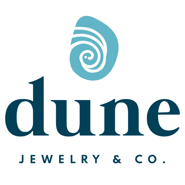 Dune Jewelry & Co logo in stacked format with blue spiral shell on top of company name in navy lettering