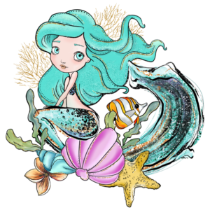 Return policy cartoon mermaid graphic. Mermaid has aqua hair and eyes and wave tail. She is sitting on a pink shell and surrounded by fish and starfish.