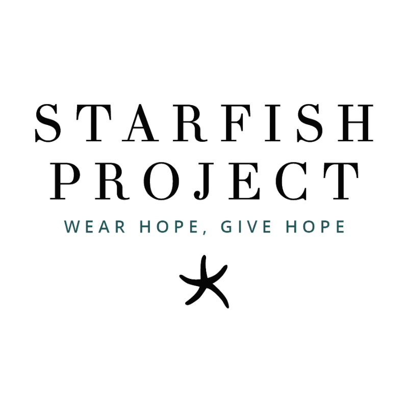 Starfish Project logo with company name in black block lettering. Tagline Wear Hope, Give Hope beneath in green block lettering with black stylized starfish beneath