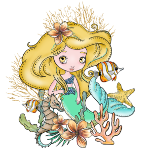 Terms & Conditions Blonde Cartoon Mermaid Graphic. Mermaid has golden hair and eyes and green tail. Is with seahorse, fish, and coral