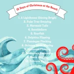 12 Shells of Christmas flyer with red kraken arms and waves in background. Listing of the 12 days of christmas at the beach depicted on shell ornament set.