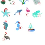 12 Shells of Christmas seashell ornament designs pictured. 1 Lighthouse. 2 Palm Trees. 3 Mermaid Tails. 4 Sand Dollars. 5 points on starfish with santa hat. 6 Dolphin 7 Flamingo. 8 Octopus. 9 Manatee with santa hat. 10 Seahorse with red scarf. 11 Sailboat with christmas wreath in sail. 12 Pelican wearing santa hat.