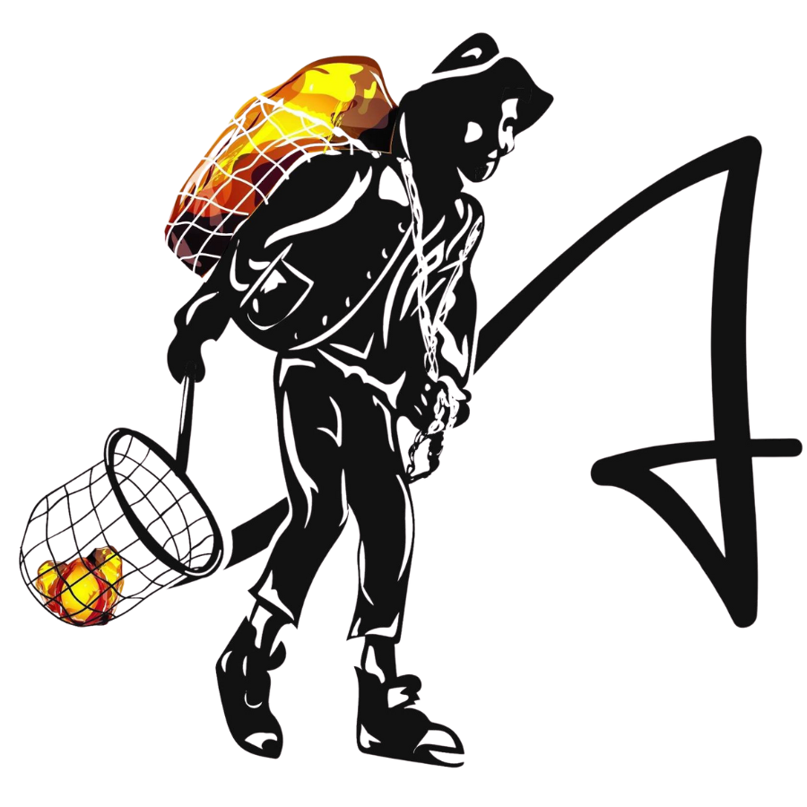 Amberman logo of black colored amber miner with gold amber in sack on his back holding basket with gold amber in it walking next to stylized A