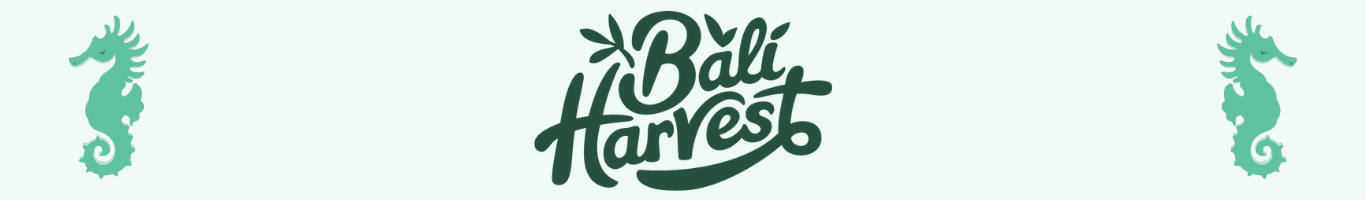 Bali Harvest logo in dark green script lettering with plant leaf accents. Spearmint seahorses on either end of banner facing outward.