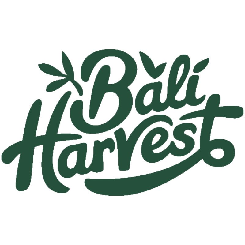 Bali Harvest logo of company name in dark green script lettering with plant leaf accents.