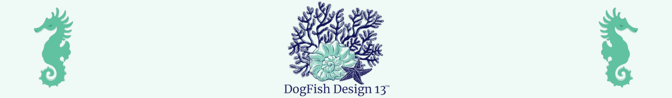 DogFish Desig 13 logo of navy blue coral, seafoam green conch shell, and navy blue starfish with company name below in block letters. Spearmint seahorses on either side of banner facing outward.