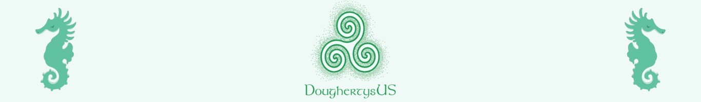 Green DoughertysUS triskelion logo with company name beneath. Spearmint seahorses on either side of company logo facing outward.