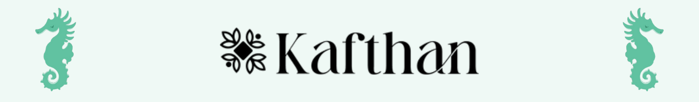 Kafthan logo of company name in black letters with flower design. Spearmint seahorses on both sides of banner facing outward.