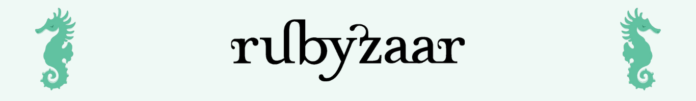 Rubyzaar logo of company name in black lowercase block letters. Spearmint seahorses on either end of banner facing outward.