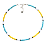 Tropical Sun is a single strand, minimalist seed bead necklace designed with yellow, seafoam, black, and white seed beads. Displayed on white background