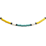 Detailed view of Tropical Sun, a single strand, minimalist seed bead necklace designed with yellow, seafoam, black, and white seed beads.