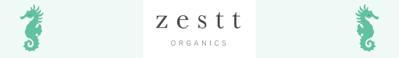 zestt organics logo of company name in black letters on white background. Spearmint seahorses on either end of banner facing outward.