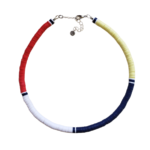 Anchors Aweigh Necklace of white, navy, red, & yellow heishi beads displayed on white background.