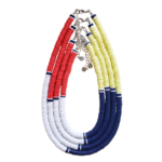 Four Anchors Aweigh Necklaces of white, navy, red, & yellow heishi beads nested together in teardrop pattern on white background.