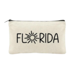 Florida Sun Canvas Zipper Pouch displayed on white background. Florida printed on light beige canvas pouch. O in Florida is a sun.