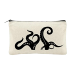 Kraken Canvas Zipper Pouch displayed on white background. Black Kraken tentacles printed on light beige pouch.