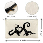 Kraken Canvas Zipper Pouch displayed on white background displaying that the pouch is 8 inches wide and 4.5 inches tall. 2 detailed view circles above main image. First circle is close up view of black zipper. Second circle is close up view of light beige canvas fabric. Black Kraken tentacles printed on light beige canvas.