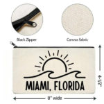 Miami Sun & Surf Canvas Zipper Pouch displayed on white background displaying that the pouch is 8 inches wide and 4.5 inches tall. 2 detailed view circles above main image. First circle is close up view of black zipper. Second circle is close up view of light beige canvas fabric. Miami, Florida with wave and sun outline above is printed in black on light beige canvas pouch.