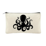 Octopus Canvas Zipper Pouch displayed on white background. Black octopus with large eyes and flowing tentacles printed on light beige canvas pouch.