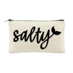 Salty Canvas Zipper Pouch displayed on white background. Light beige canvas bag with Salty written in black script. Y accented with mermaid tail.