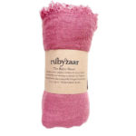 The Boho Shawl Dusty Rose rolled up with Rubyzaar packaging of brown paper with product name and description written in black. Displayed on white background.