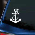 Anchor Vinyl Decal white decal of anchor wrapped with rope displayed on back window of blue car with dark tinting.