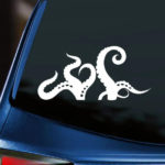 Kraken Vinyl Decal white decal of kraken tentacles displayed on back window of blue car with dark tinting.