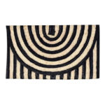 Woven Straw Clutch Black and White displayed on a white background. Rectangle clutch purse is woven from natural and black dyed palm fronds. Pattern is a black and natural stripe pattern. Base of clutch is vertical stripes. Flap of clutch is upsidedown curved stripes.