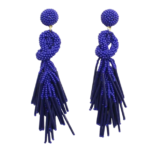 Navy Beaded Knot Post Statement Earrings shown on white background. Post earring is made with navy seed and bugle beads and is in a knot pattern with beaded fringe hanging down below the knot.