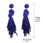 Navy Beaded Knot Post Statement Earrings shown on white background. Displaying the earring length of 4 inches and width of 1 inch. Post earring is made with navy seed and bugle beads and is in a knot pattern with beaded fringe hanging down below the knot.