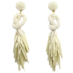 Off White Pearl Beaded Knot Post Statement Earrings shown on white background. Post earring is made with off white seed and bugle beads and is in a knot pattern with beaded fringe hanging down below the knot.