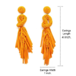 Orange Beaded Knot Post Statement Earrings shown on white background. Displaying the earring length of 4 inches and width of 1 inch. Post earring is made with orange seed and bugle beads and is in a knot pattern with beaded fringe hanging down below the knot.