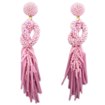 Pink Beaded Knot Post Statement Earrings shown on white background. Post earring is made with pink seed and bugle beads and is in a knot pattern with beaded fringe hanging down below the knot.