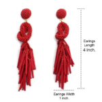 Red Beaded Knot Post Statement Earrings shown on white background. Displaying the earring length of 4 inches and width of 1 inch. Post earring is made with red seed and bugle beads and is in a knot pattern with beaded fringe hanging down below the knot.