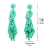 Beaded Post Statement Earrings Seafoam shown on white background. Displaying the earring length of 4 inches and width of 1 inch. Post earring is made with seafoam seed and bugle beads and is in a knot pattern with beaded fringe hanging down below the knot.