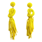 Yellow Beaded Knot Post Statement Earrings shown on white background. Post earring is made with yellow seed and bugle beads and is in a knot pattern with beaded fringe hanging down below the knot.