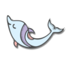 Contact page cartoon graphic of a blue, purple, & orange dolphin smiling and with upturned face.