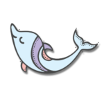 Contact page cartoon graphic of a blue, purple, & orange dolphin smiling and with upturned face.