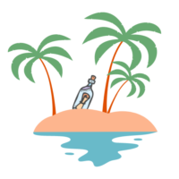 Contact page cartoon graphic of a message in a bottle on a small island with 3 palm trees.